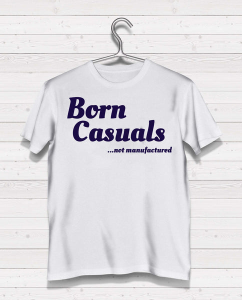 Born Casuals White Short Sleeve TShirt - "not manufactured" navy print